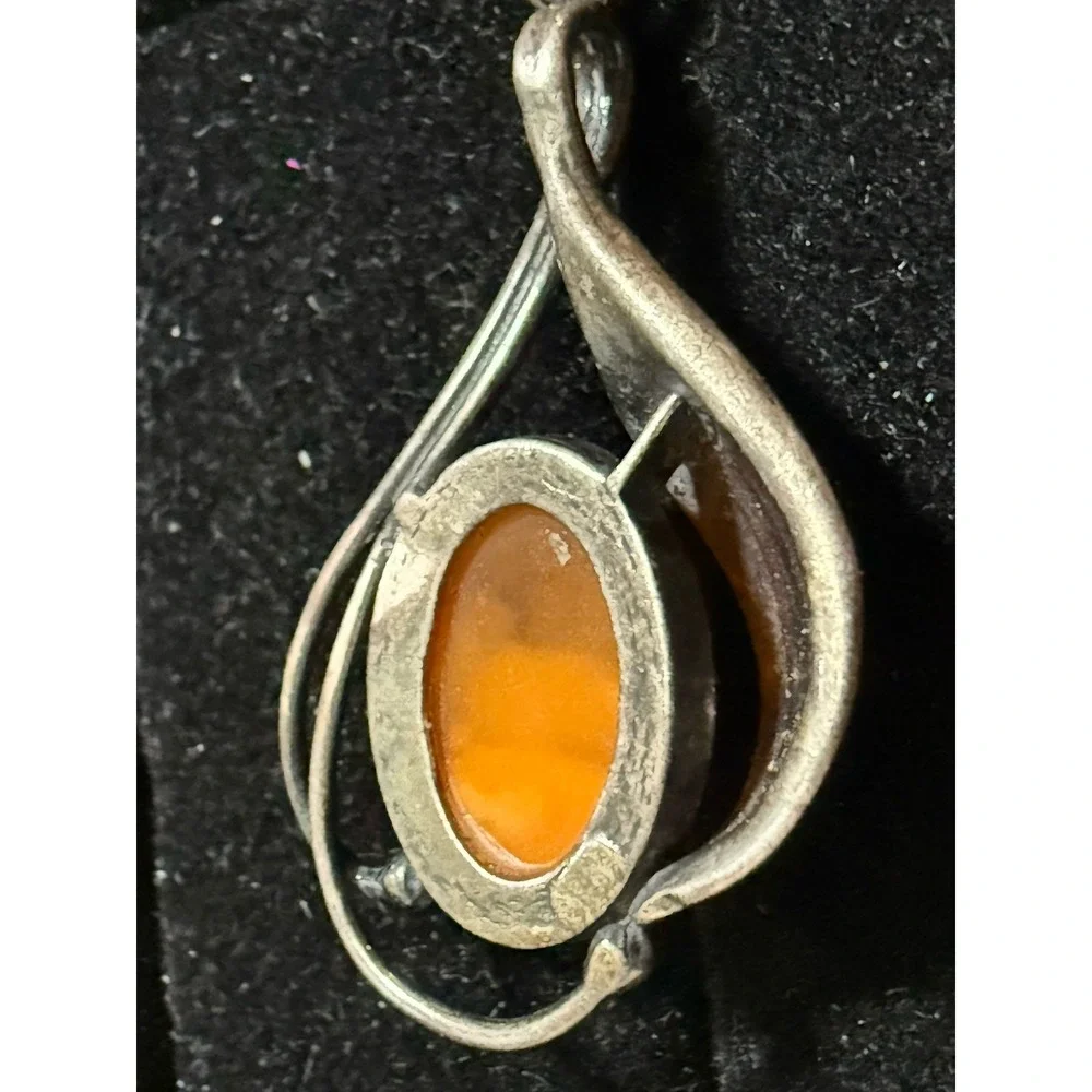 Large Chunky Vintage Sterling Silver Baltic Egg Yolk Amber Drop Pendant 925